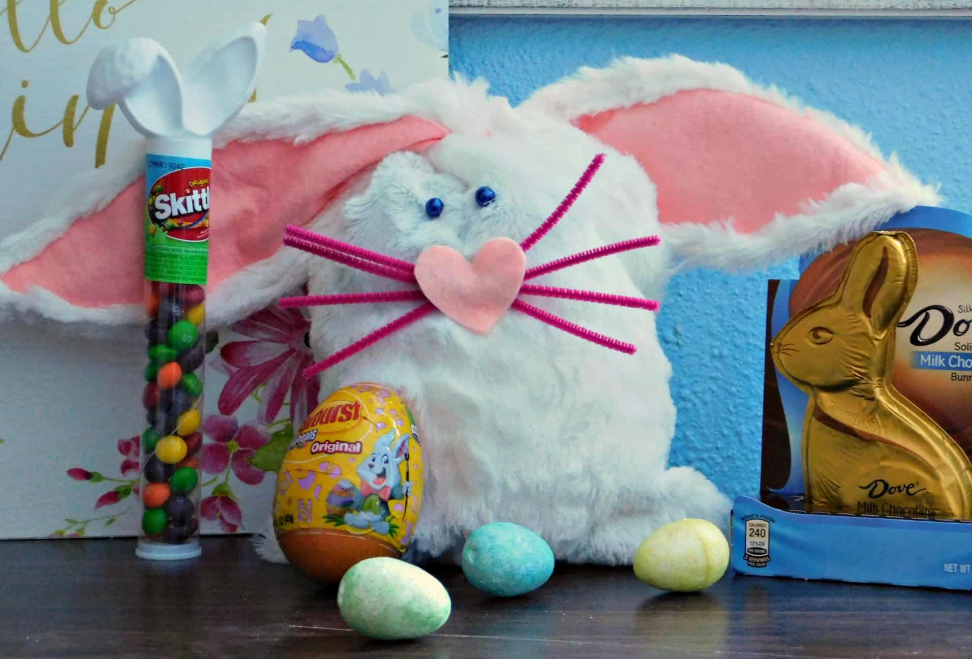 close up of easter bunny bag surrounded by easter candy