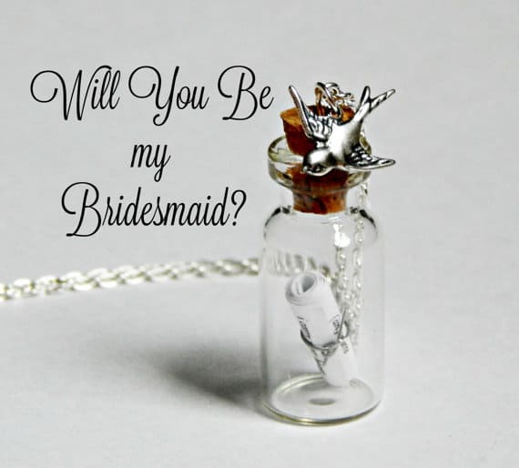 Tiny bottle necklace with scroll inside and bird charm