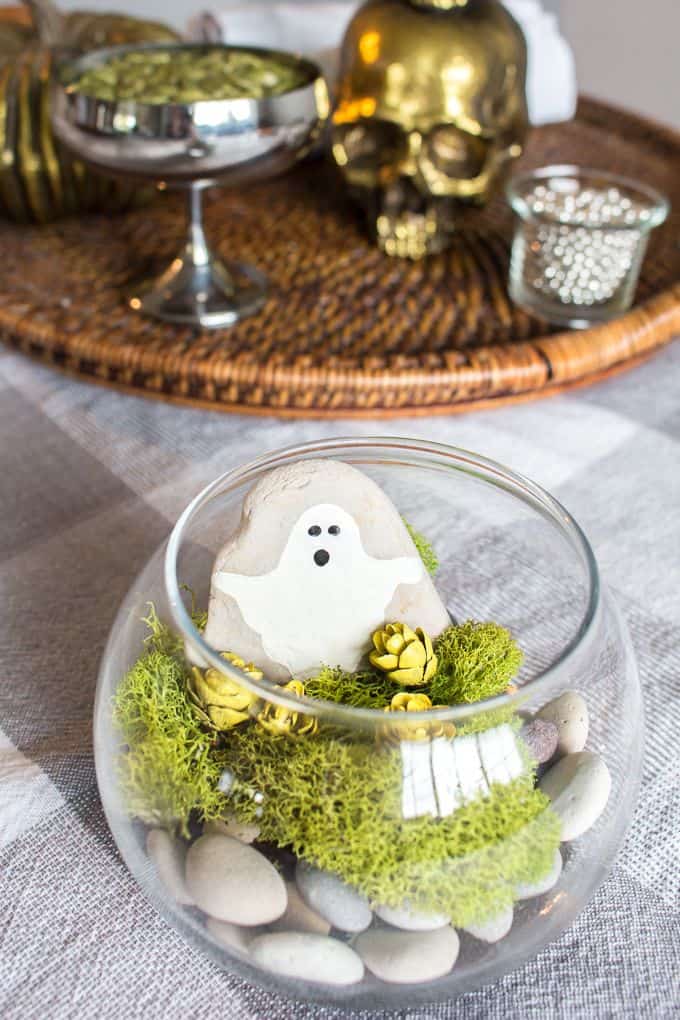 up close halloween terrarium with painted ghost