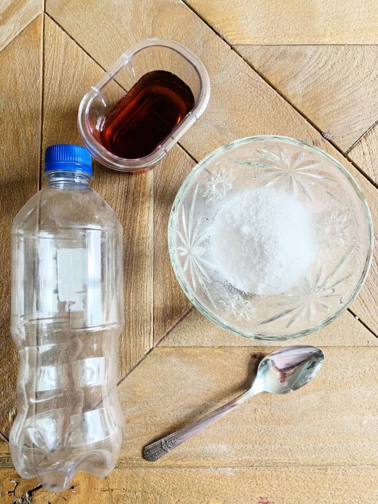 supplies for homemade ant trap with borax. Syrup, empty bottle and powered borax