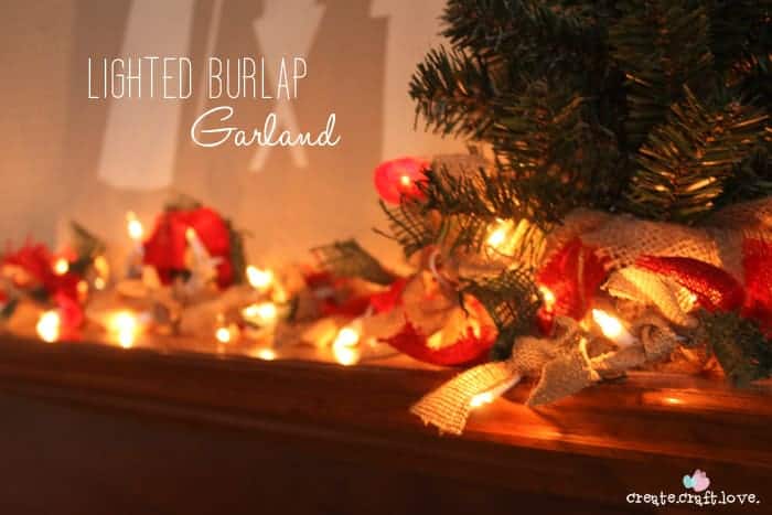 burlap diy christmas garland lit up on table