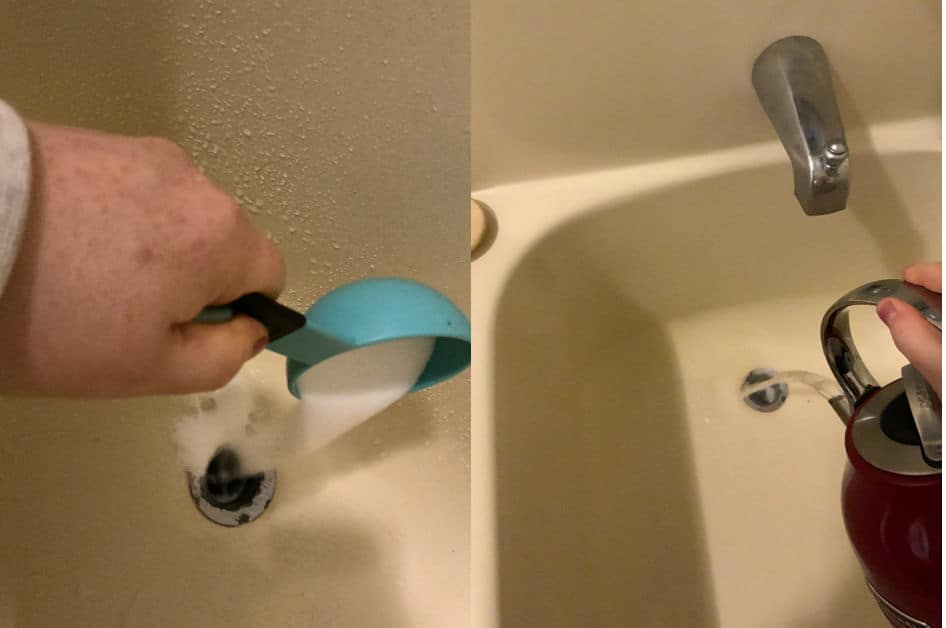 Pouring salt and hot water into a tub drain