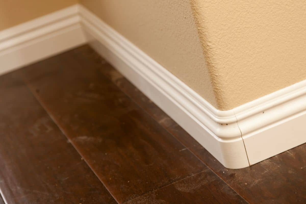 Close up of dirty baseboards and dusty wood floor.