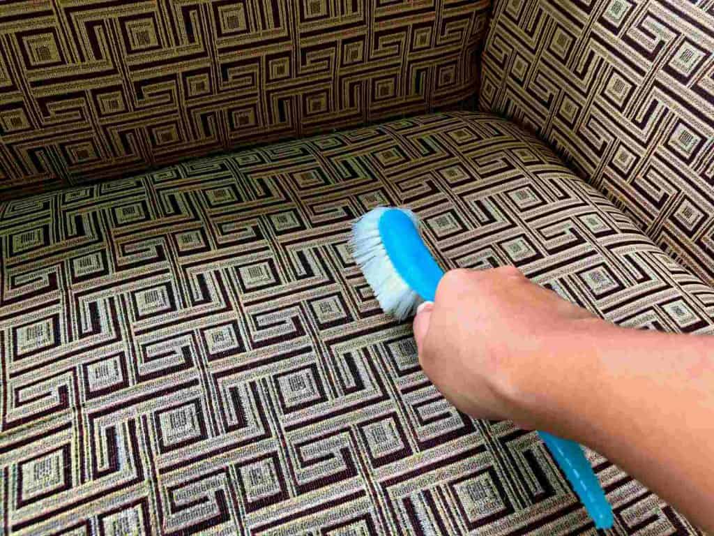 Brushing step to clean a velvet couch.
