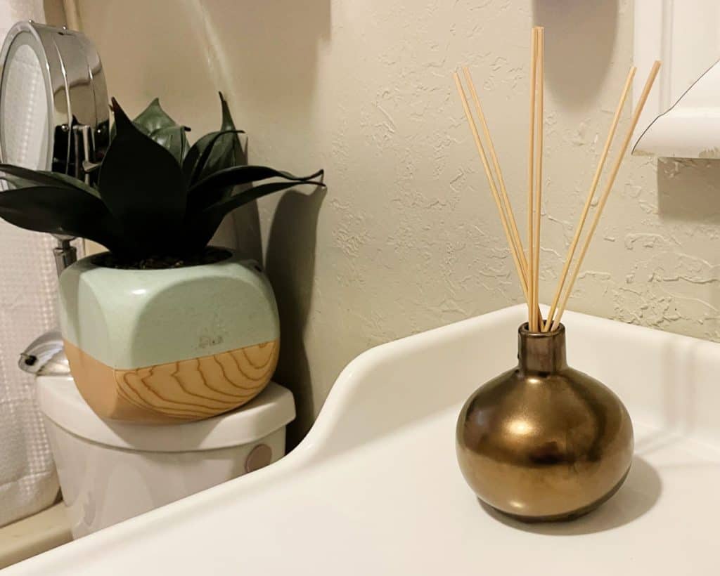 Reed diffuser on a white bathroom sink in a light brown bathroom with a plant on the toilet tank. 