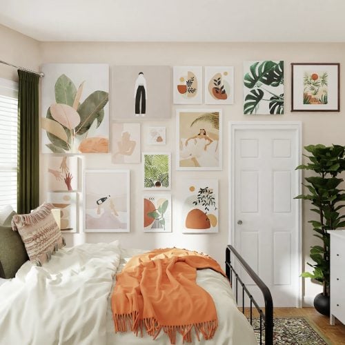 Cream colored room with orange accents.