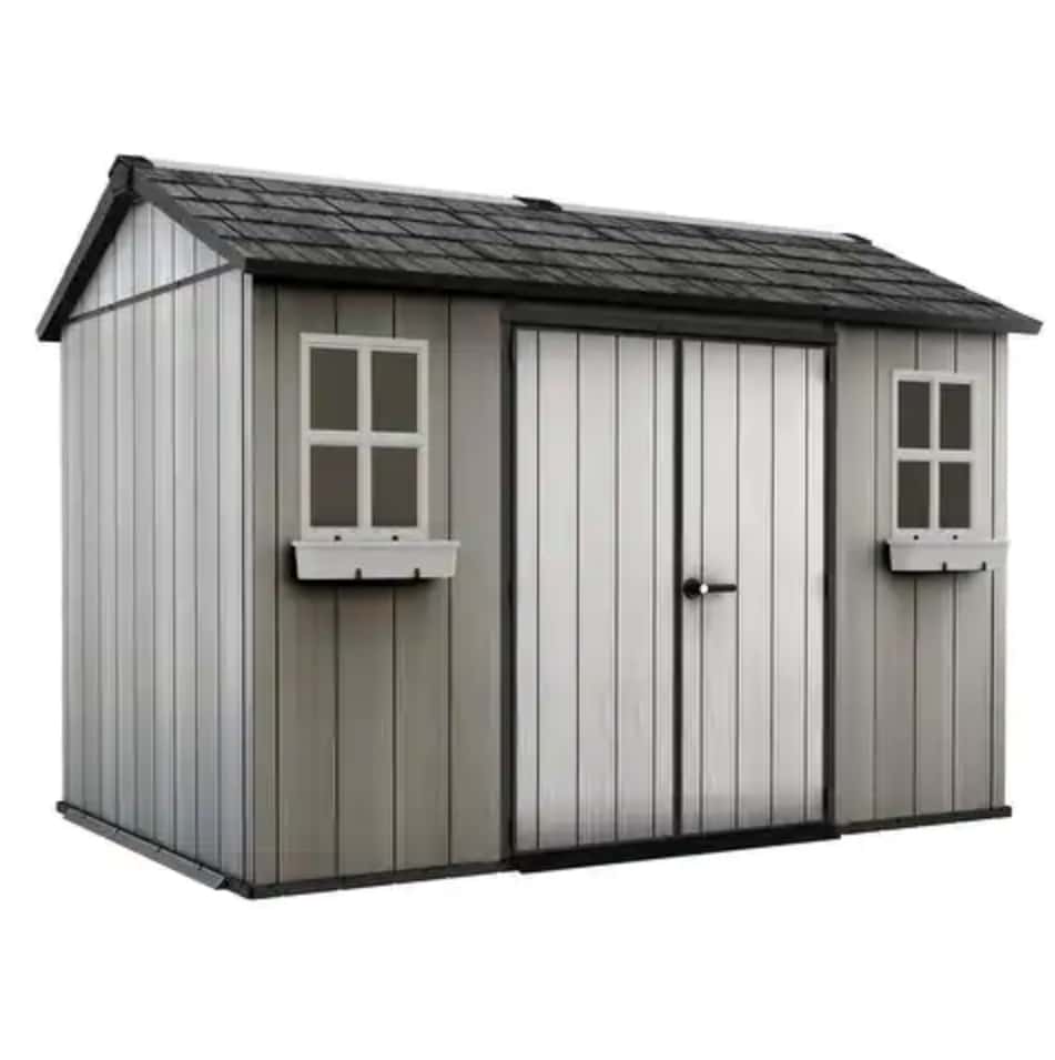 Grey vinyl shed. 