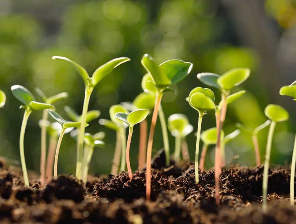 Seedlings poking out of the dirt on a sunny day.