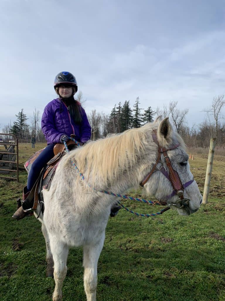 Little girl riding a white horse on a green pasture. 