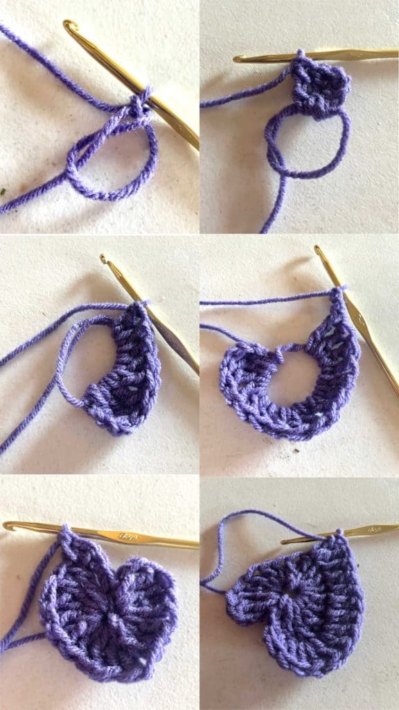 Step by step collage showing how to crochet a heart. 